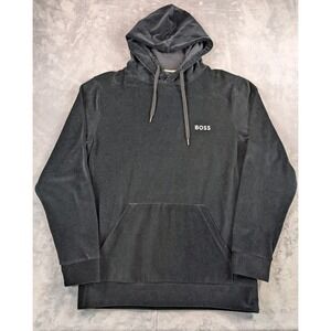 Hugo Boss Hoodie Men Large Black Pullover Hooded Pockets Logo Spellout